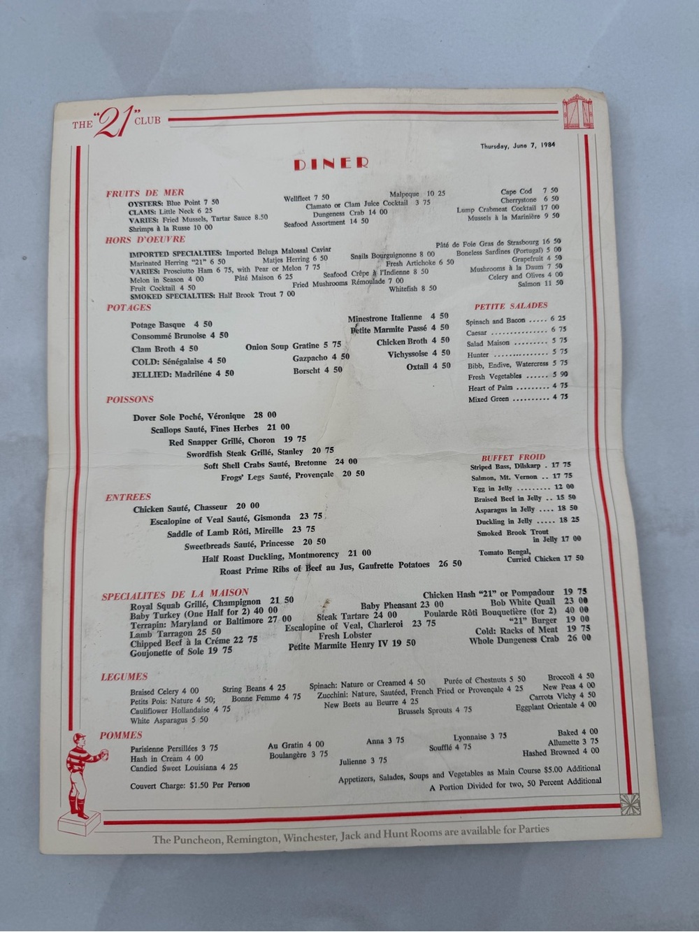 Vintage Iconic The “21” Club Dinner Menu June 7 1984 Collectors Piece Memorabili
